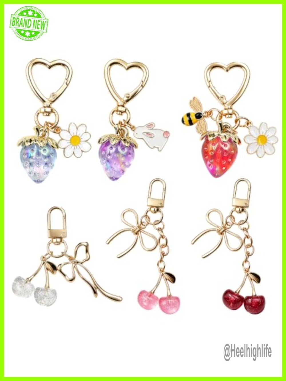 6 Piece Fruit Bag Charms Set, Cherry Strawberry Keychain for Handbags, Metal